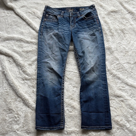 Silver Jeans Suki Capris Size 28 | Mid Rise Bootcut Crop Denim Blue Casual - Picture 1 of 10